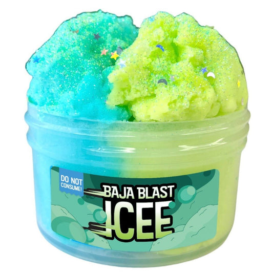 The Baja Blast Icee Slime 7 oz jar features teal and green swirls, holographic star glitter on top, Mountain Dew scent, and a playful design. A warning label says "Do Not Consume!.