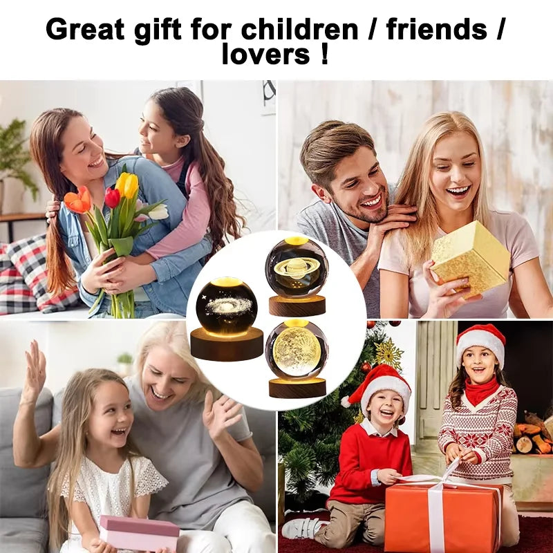 Luminous Crystal Ball LED Night Light Saturn Solar System 3D Moon Table Lamp USB Bedroom Atmosphere Lamp for Birthday Kid Gift