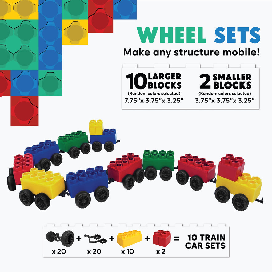 The Jumbo Building Blocks - 10 Car Kits - Bullet Train Set includes 10 large and 2 small blocks to build mobile, multi-colored train cars—ideal STEM toys for creative play and learning.