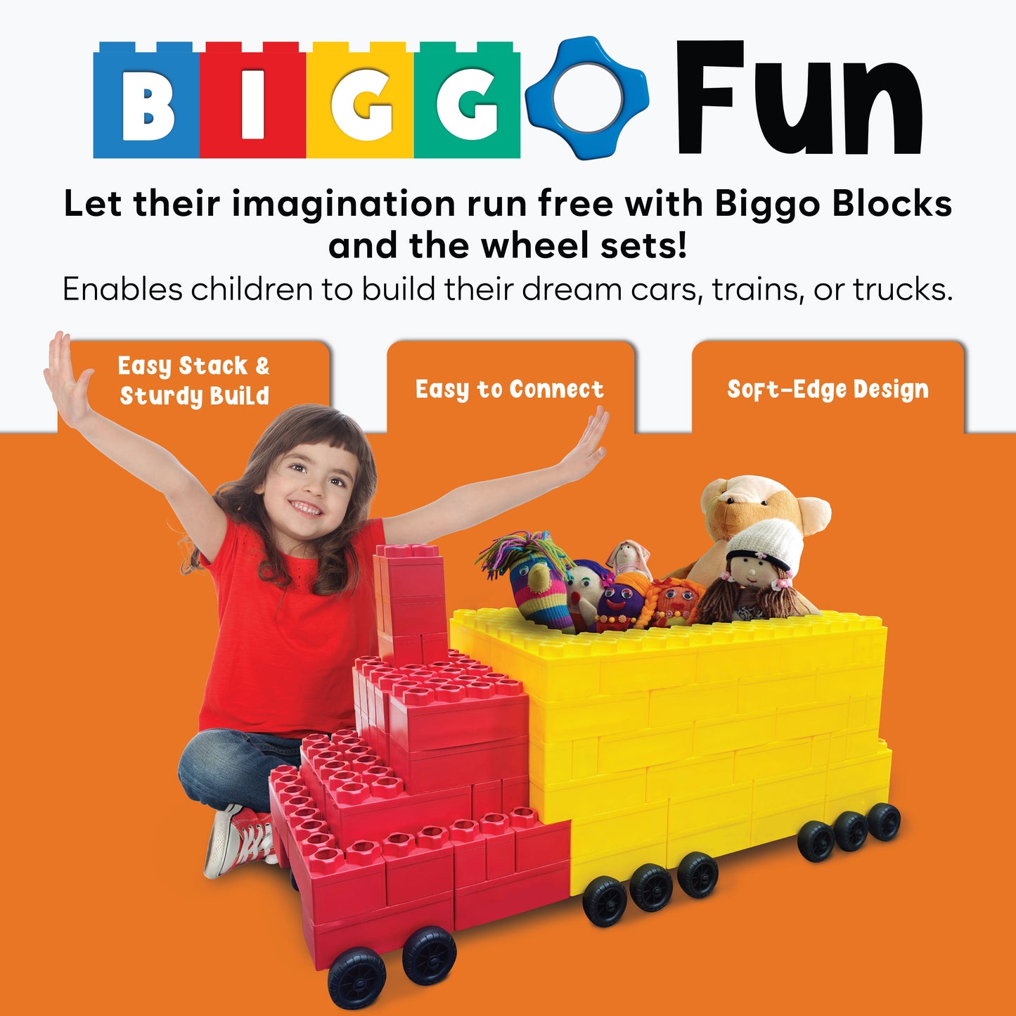 A smiling child sits by a large red and yellow bullet train built from Jumbo Building Blocks – 10 Car Kits, giving a thumbs up while stuffed animals ride. Banners highlight the blocks’ easy use, safety, and STEM education value for kids.