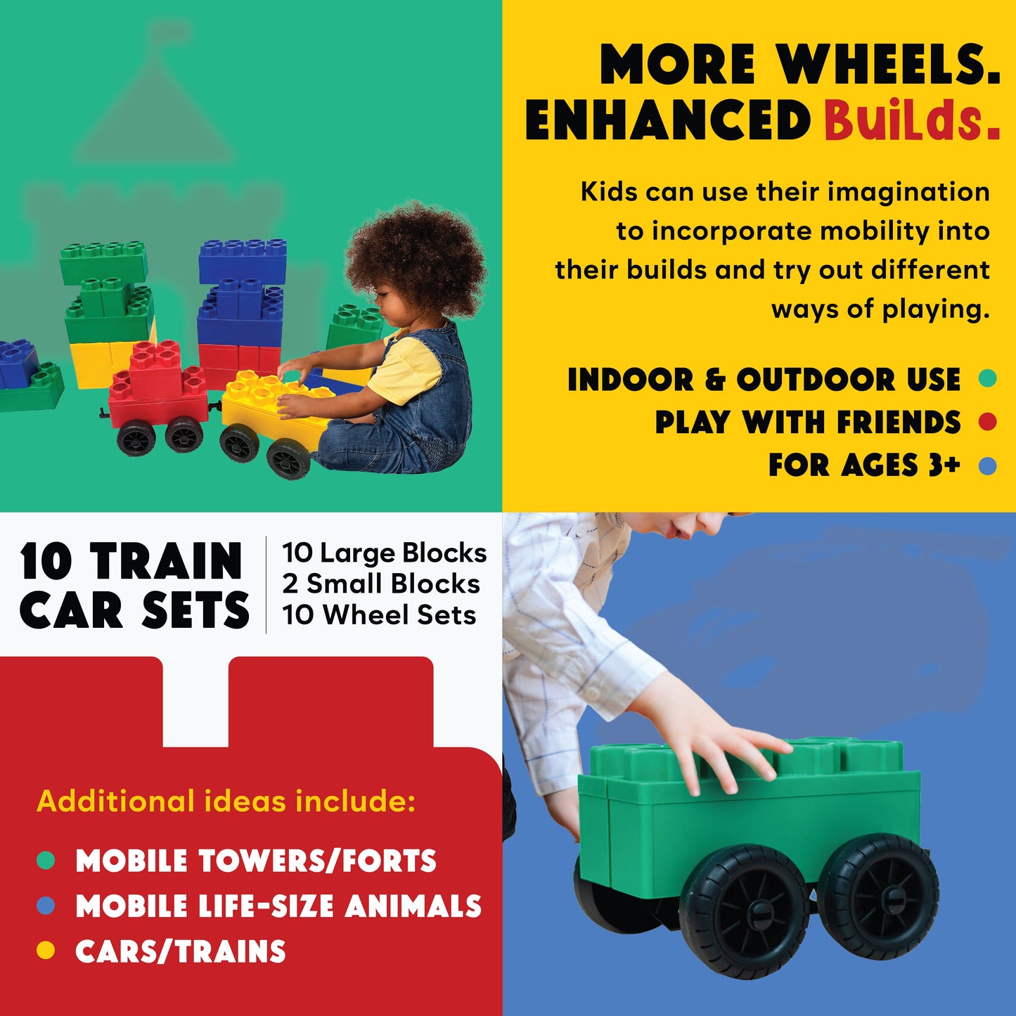 A child plays with Jumbo Building Blocks - 10 Car Kits - Bullet Train Set on the floor. Features More Wheels. Enhanced Builds. Includes large blocks, 10 train cars, wheel sets, and play ideas for STEM learning for ages 3+.