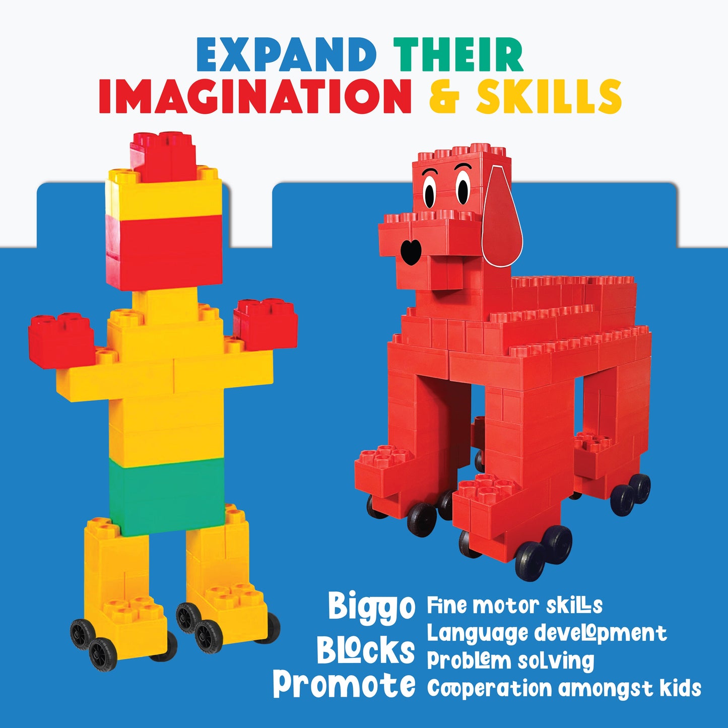 Two colorful block figures—a red dog on wheels and a yellow person—feature with the text: “Expand their imagination & skills.” Benefits like fine motor skills and STEM learning highlight the Jumbo Building Blocks - 10 Car Kits Bullet Train Set.