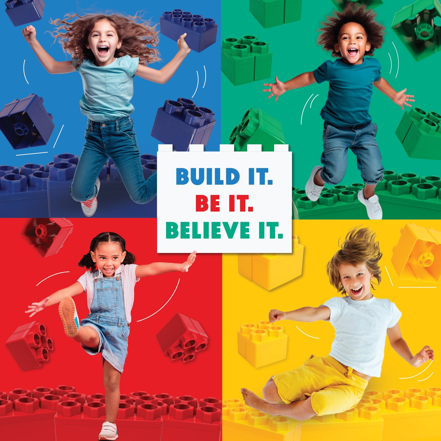 Four kids excitedly play on jumbo building blocks from the Bullet Train Set, each in a different bold color—blue, green, red, yellow. Centered text reads: “BUILD IT. BE IT. BELIEVE IT.” in blue, red, and green letters.