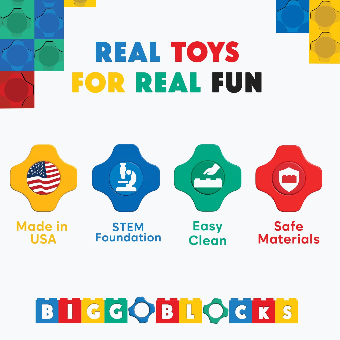 Colorful graphic with “Real Toys For Real Fun.” Four icons: Made in USA, STEM Foundation, Easy Clean, Safe Materials. Features Jumbo Building Blocks - 10 Car Kits - Bullet Train Set—large blocks for kids that teach STEM skills.