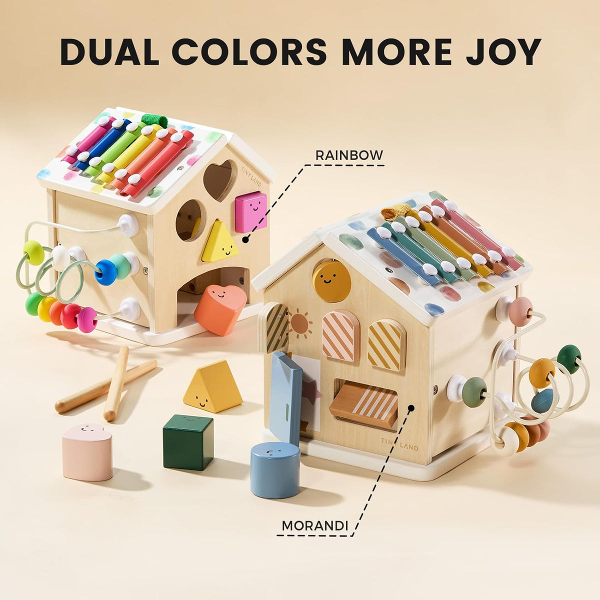 Two Montessori Cottage Activity Cube – Morandi sets shaped like houses featuring shape sorters, bead mazes, and xylophones, with loose geometric blocks and mallets arranged in front as baby learning toys.