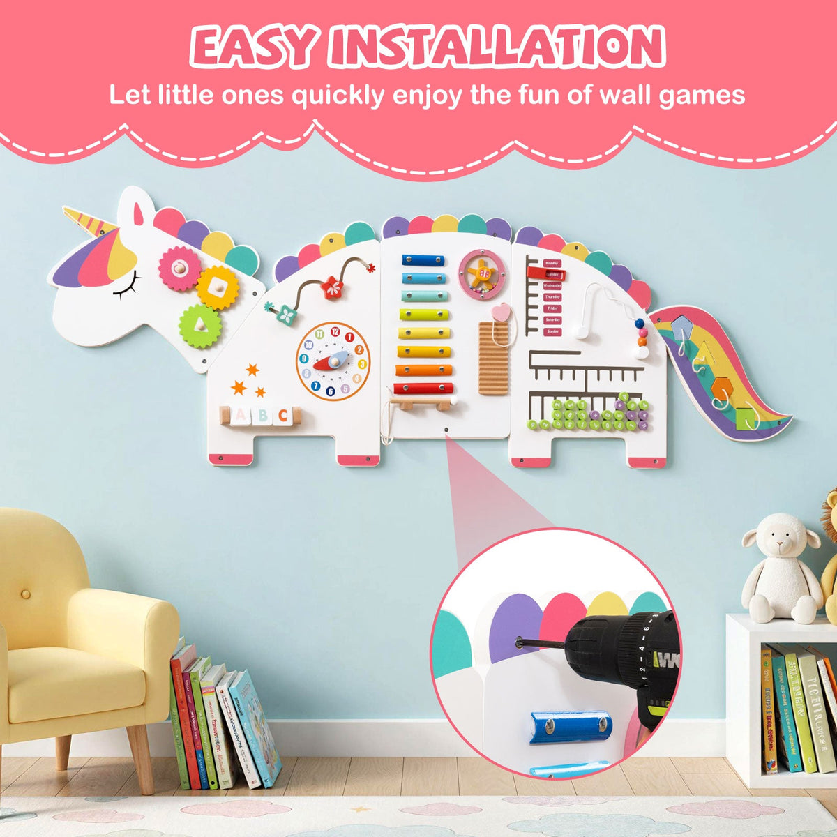 An 11-in-1 Dinosaur Wall Busy Board shaped like a unicorn with gears, a clock, a xylophone, and other interactive toys being installed with a drill.