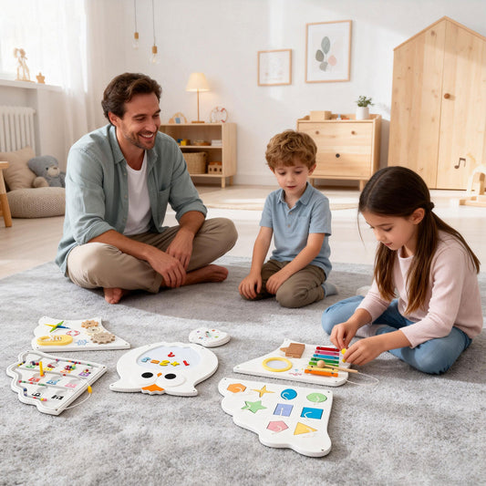 A man and two children sit on a rug playing with an 11-in-1 Owl Wall Busy Board with Magnetic Math and a shoelace tying activity board.