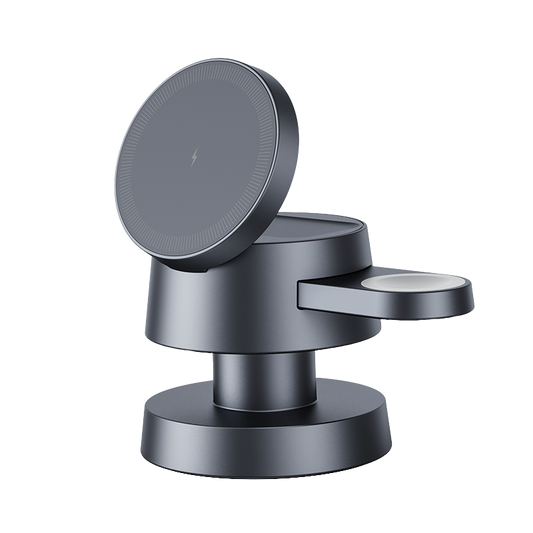 The Hexcal 4-in-1 Wireless Charging Station features three circular charging surfaces, a metallic gray finish, and a minimalist design—perfect for holding and charging multiple Apple devices at once.