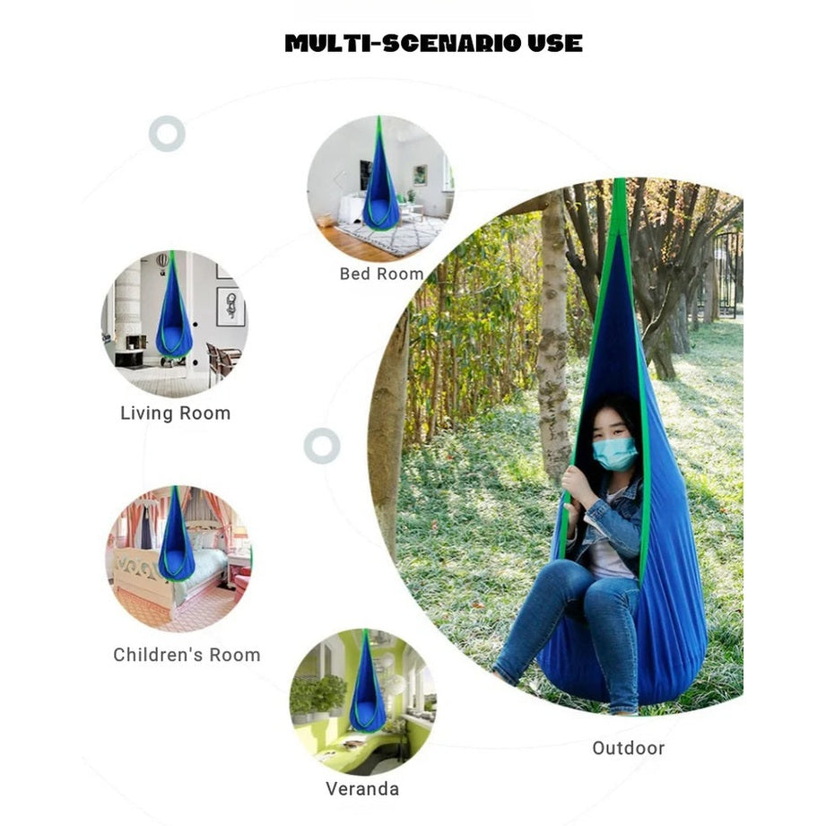 100% Cotton Canvas Kids Pod Swing Seat Sensory Hammock Child Joy Chair for Indoor and Outdoor Use with Hanging Kit and Strap