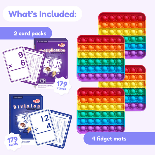 Math Card Pack Bundle (Multiplication + Division) featuring two boxed sets of 179 learning games each, alongside four square, rainbow-colored silicone sensory fidget mats.