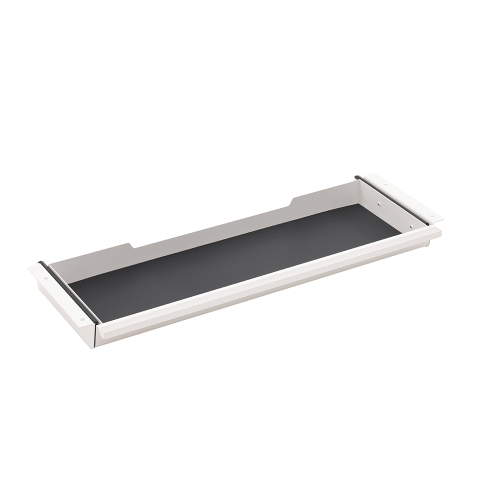 The Under Desk Drawer is a rectangular white metal pull-out tray, ideal as an under desk drawer or keyboard tray for home office organization and standing desk storage solutions.