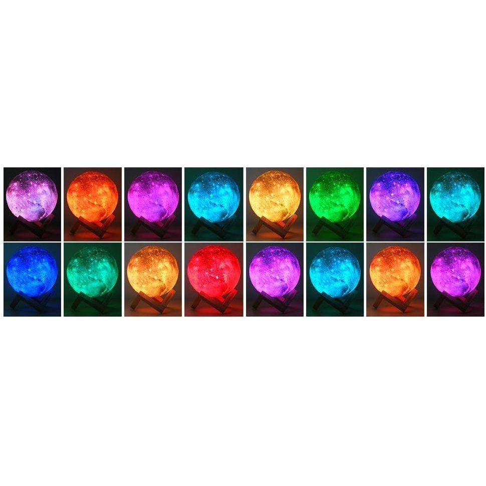 A grid of Celestial 3D Moon Lamp LED Night Lights glows in red, green, blue, purple, and orange. These textured lunar lamps are uniformly arranged in four rows, adding a celestial touch to any space.