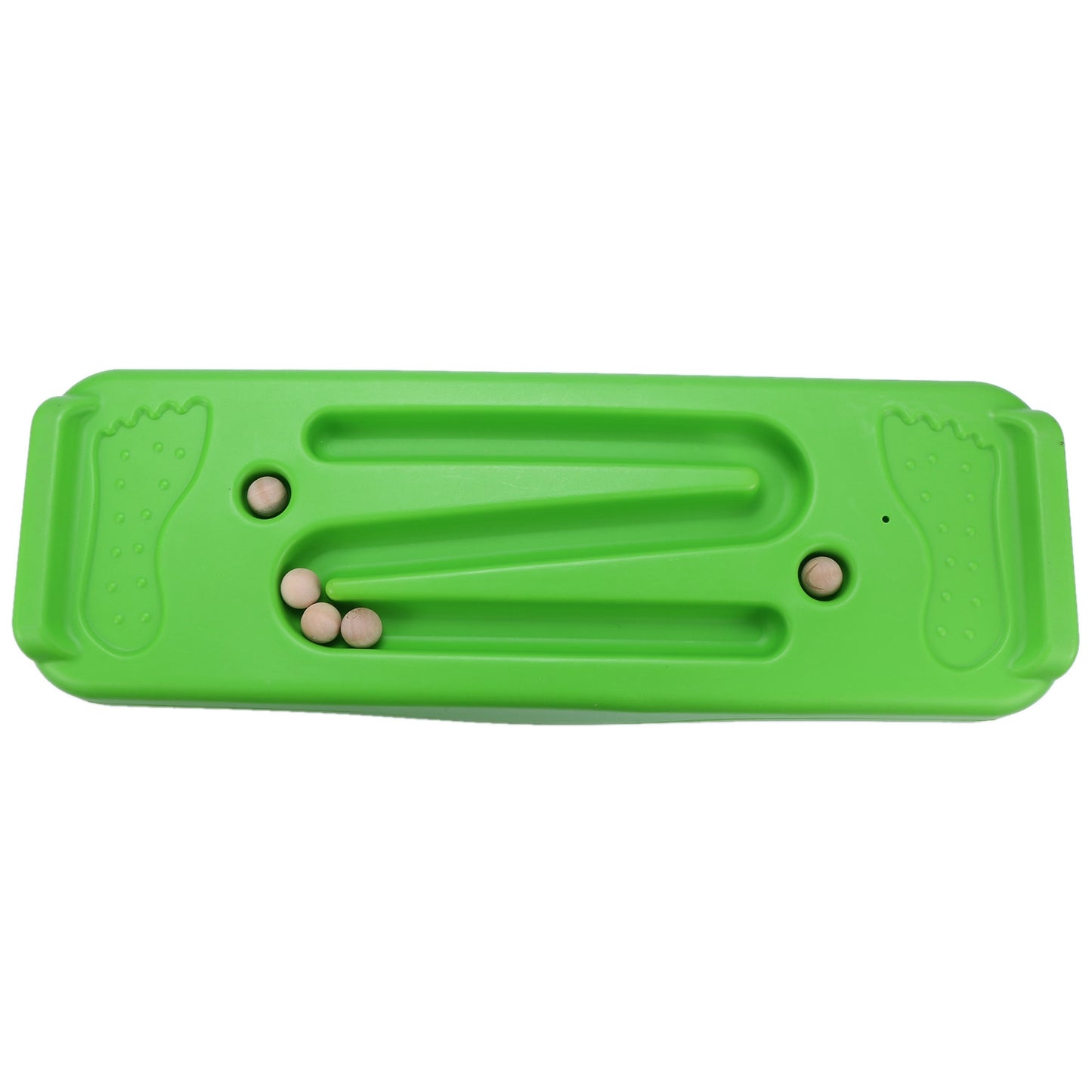 A green balance board with zigzag grooves and wooden balls ideal for sensory development or active play. It has foot illustrations for exercises or therapy. This multi-use Versatile Childrens Seesaw and Balance Board promotes engaging, beneficial movement activities indoors and outdoors.