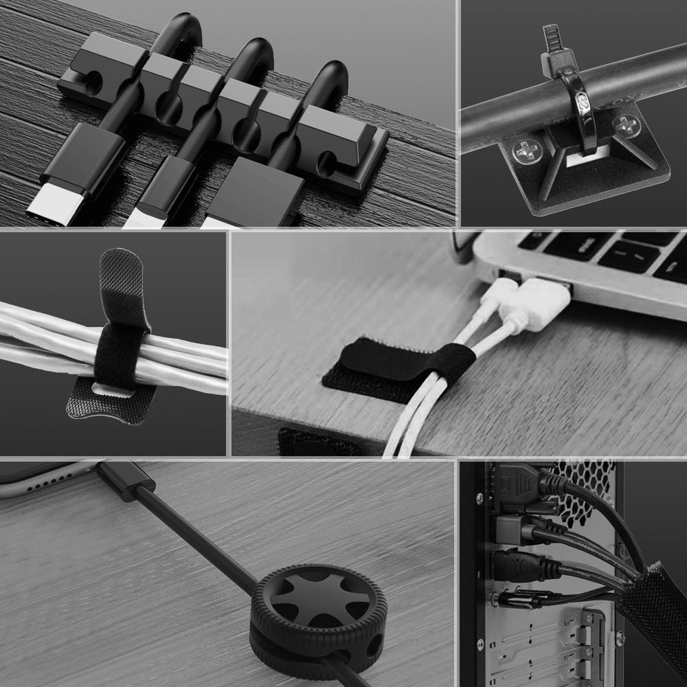 Collage featuring the Cable Management Kit and other desk accessories, organizing charging cables, power cords, and wires for desks and electronic devices.