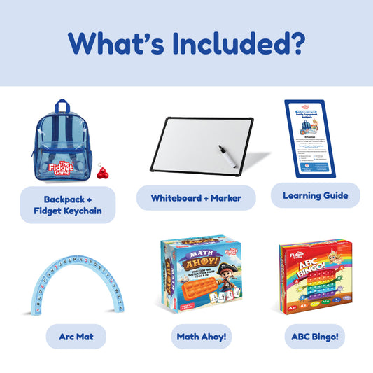 A Pre-K Readiness Backpack grid containing a clear backpack with a fidget keychain, a whiteboard with a marker, a printed learning guide, a curved alphabet arc mat, and two Pre-K learning games, Math Ahoy! and ABC Bingo!.