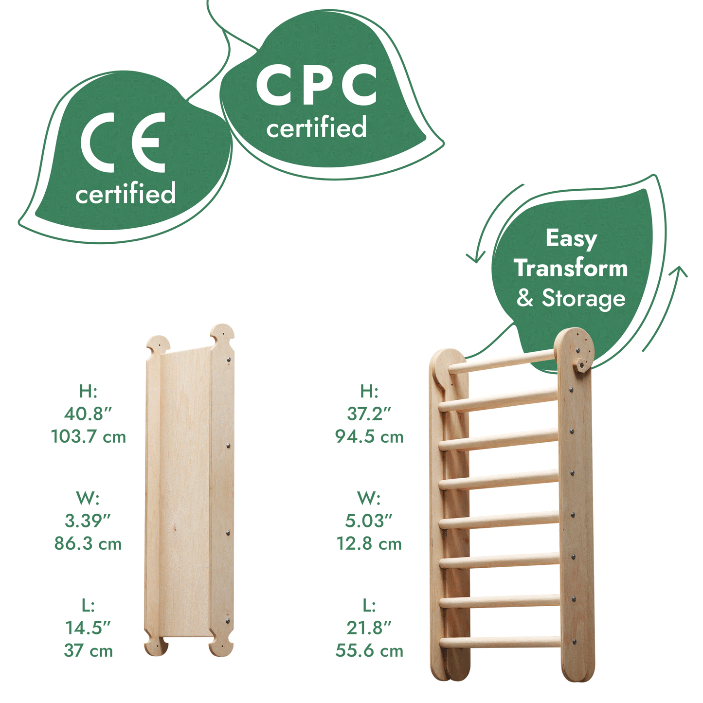 The 6in1 Wooden Swedish Wall / Climbing Ladder for Children + Swing Set + Slide Board is shown folded and unfolded, with measurements in inches/cm. CE and CPC certified, it easily transforms for indoor play and convenient storage.