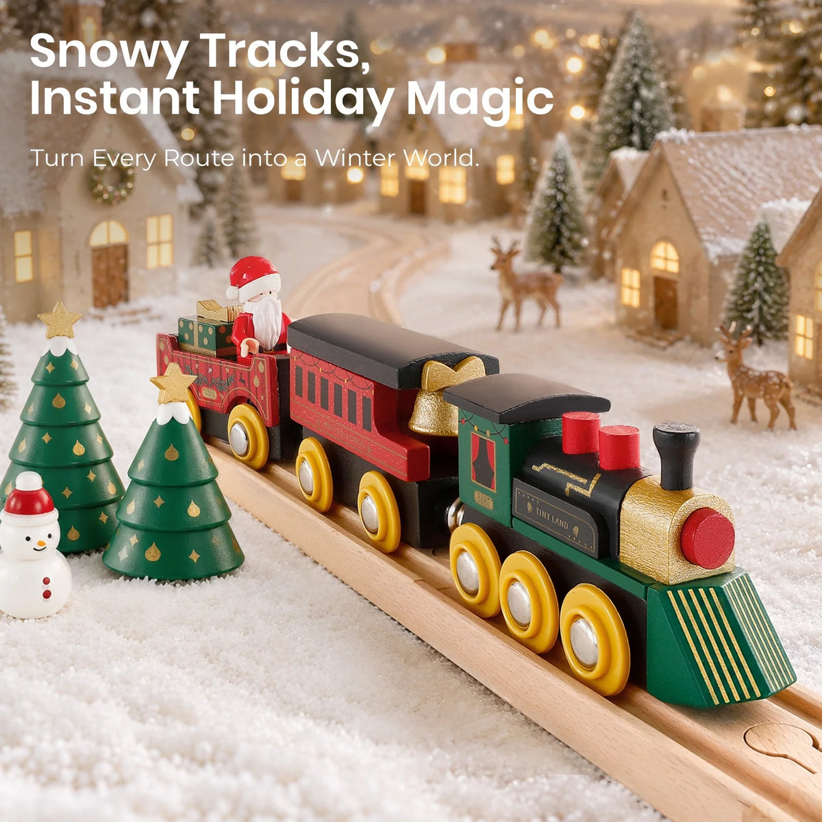 A Christmas Express Wooden Train Set with a Santa figure in the cargo car displayed on tracks, surrounded by miniature Christmas trees, a snowman, village houses, and pieces of a Christmas village.