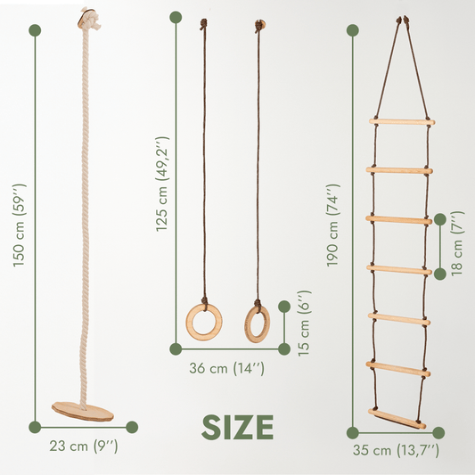 The 3in1 Swing & Climbing Set—featuring a 150 cm (59″) climbing rope with disc seat, 125 cm (49″) gym rings on ropes, and a 190 cm (75″) rope ladder—makes an ideal addition to any indoor or outdoor swing set. Each component’s measurements are clearly shown in both centimeters and inches with green arrows, helping you select the perfect fit for your space while promoting child development through active play.