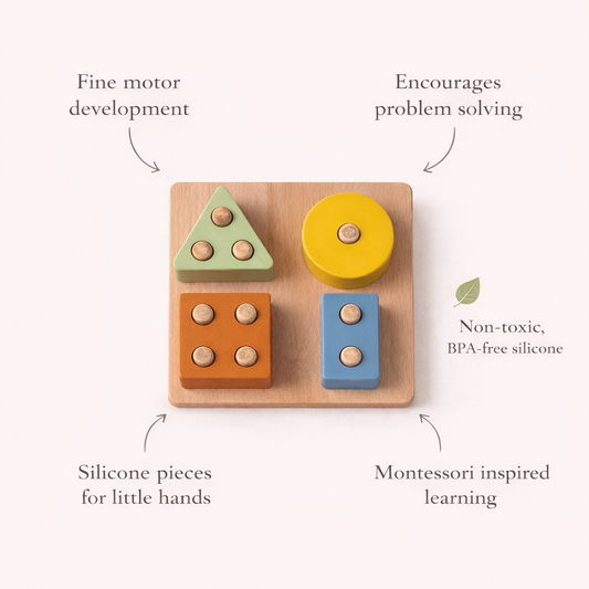The Montessori Wood & Silicone Shape Puzzle features a wooden board with four silicone shapes—a green triangle, a yellow circle, an orange square, and a blue rectangle—surrounded by text labels highlighting its fine motor skill benefits.