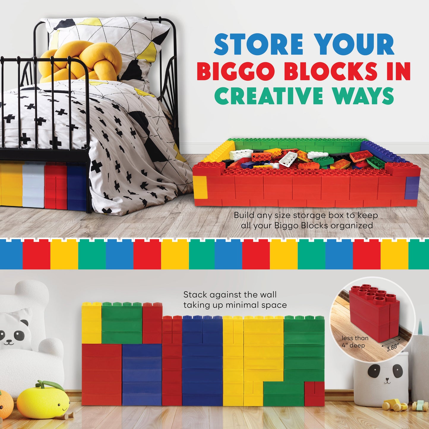 A childs bedroom features a bed and a large storage box built from the Jumbo Building Blocks 96 PC - Standard Set. Additional blocks form a wall-mounted storage area, demonstrating creative organization solutions with these colorful blocks.