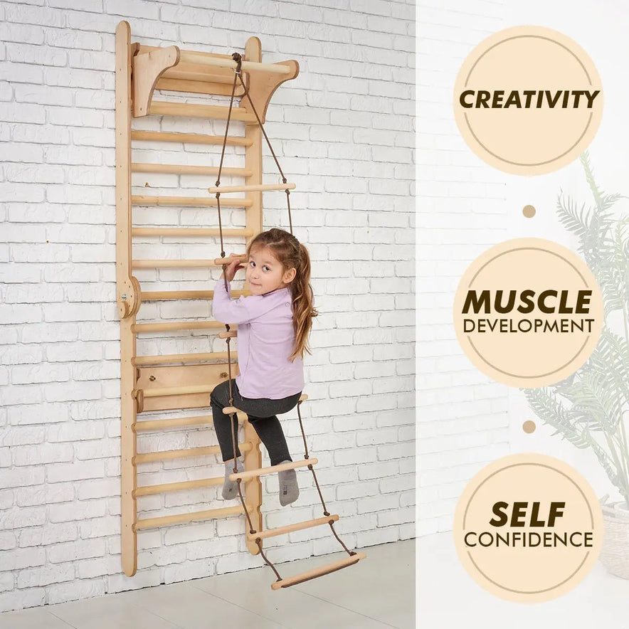 A young girl climbs the Swedish Ladder Set + Swing Gym 3in1 + Slide Board + Triangle Ladder, an indoor play set fixed to a wall. Three beige circles highlight Creativity, Muscle Development, and Self Confidence. A leafy plant is on the right.