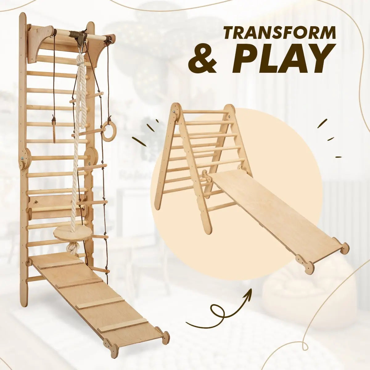 The Swedish Ladder Set + Swing Gym 3in1 + Slide Board + Triangle Ladder features a climbing ladder, rings, ropes, swing, and a detachable ramp that becomes a slide. Transform & Play text pops against a playful backdrop for this Swedish Wall-inspired adventure zone.