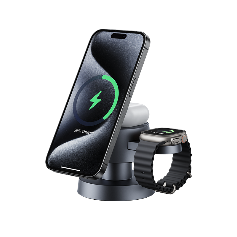 A 4-in-1 Wireless Charging Station charges a smartphone, wireless earbuds, and a smartwatch—Apple devices are shown charging—against a plain white background.