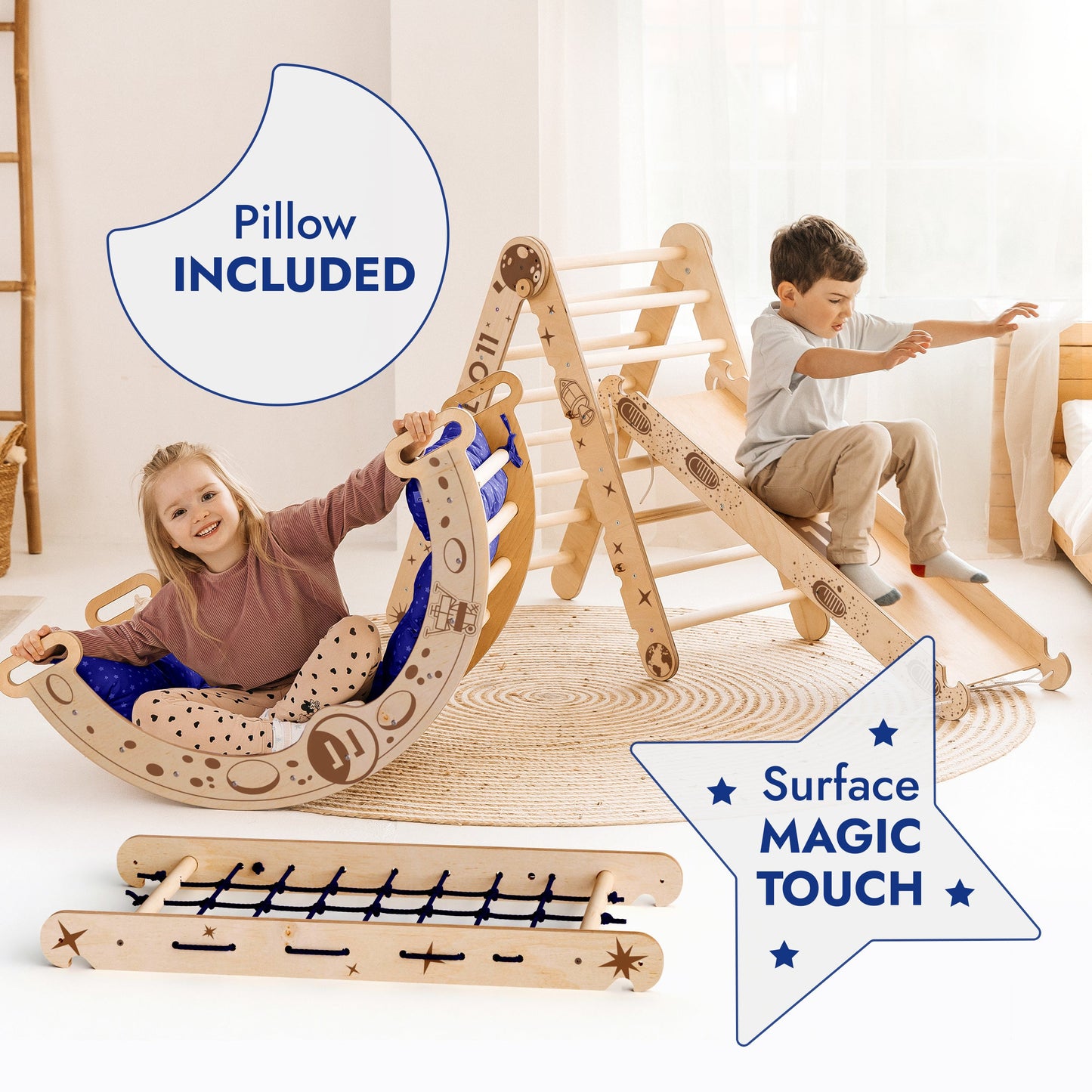 Two kids play indoors: a girl lounges on a curved rocker with a blue pillow, while a boy slides down the Apollo 5in1 Climbing Set—Pikler Triangle, Net, Arch, Slide Board & Cushion for Little Astronauts. Text reads “Pillow Included” and “Surface Magic Touch.”.