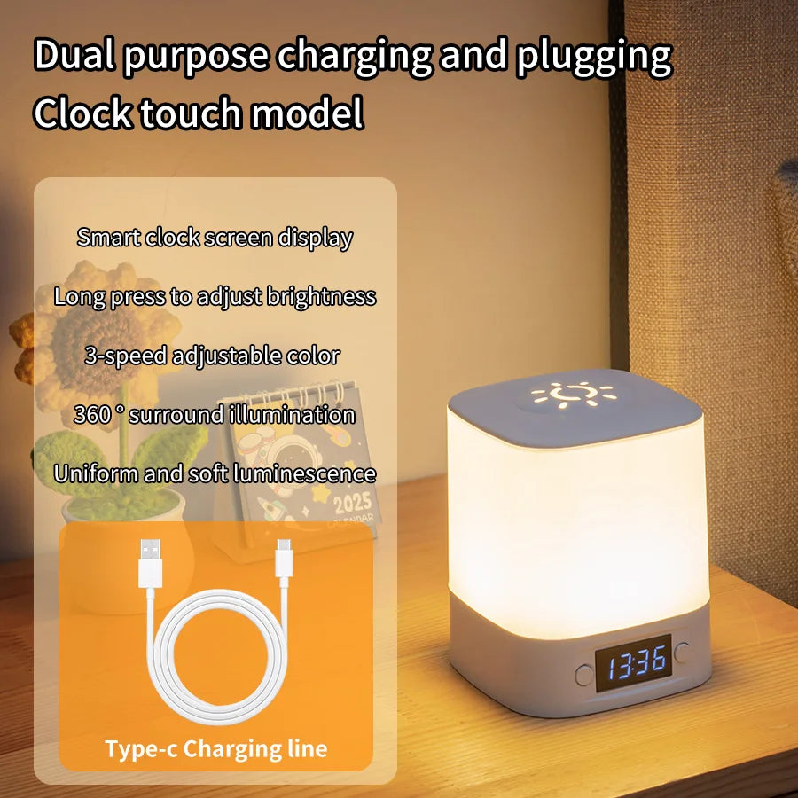 Remote Control Night Lamp Rechargeable Table Lamp Clock Display Soft Sleeping Lamp Touch Switch Bedside Lamp for Bedroom
