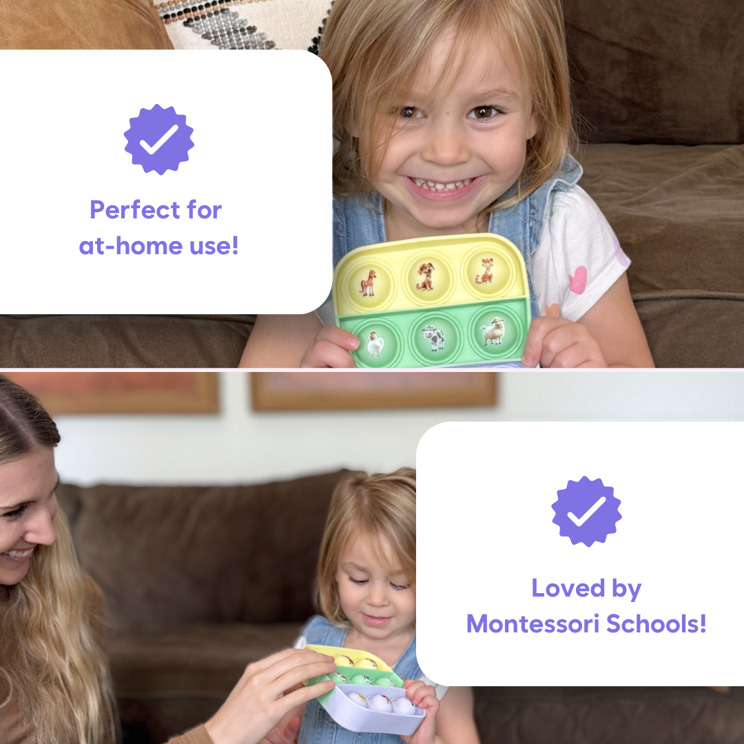 A young child plays with a Popplers Farm & Food Toddler Fidget Game, a farm animal-themed silicone learning toy perfect for at-home use and Montessori schools.