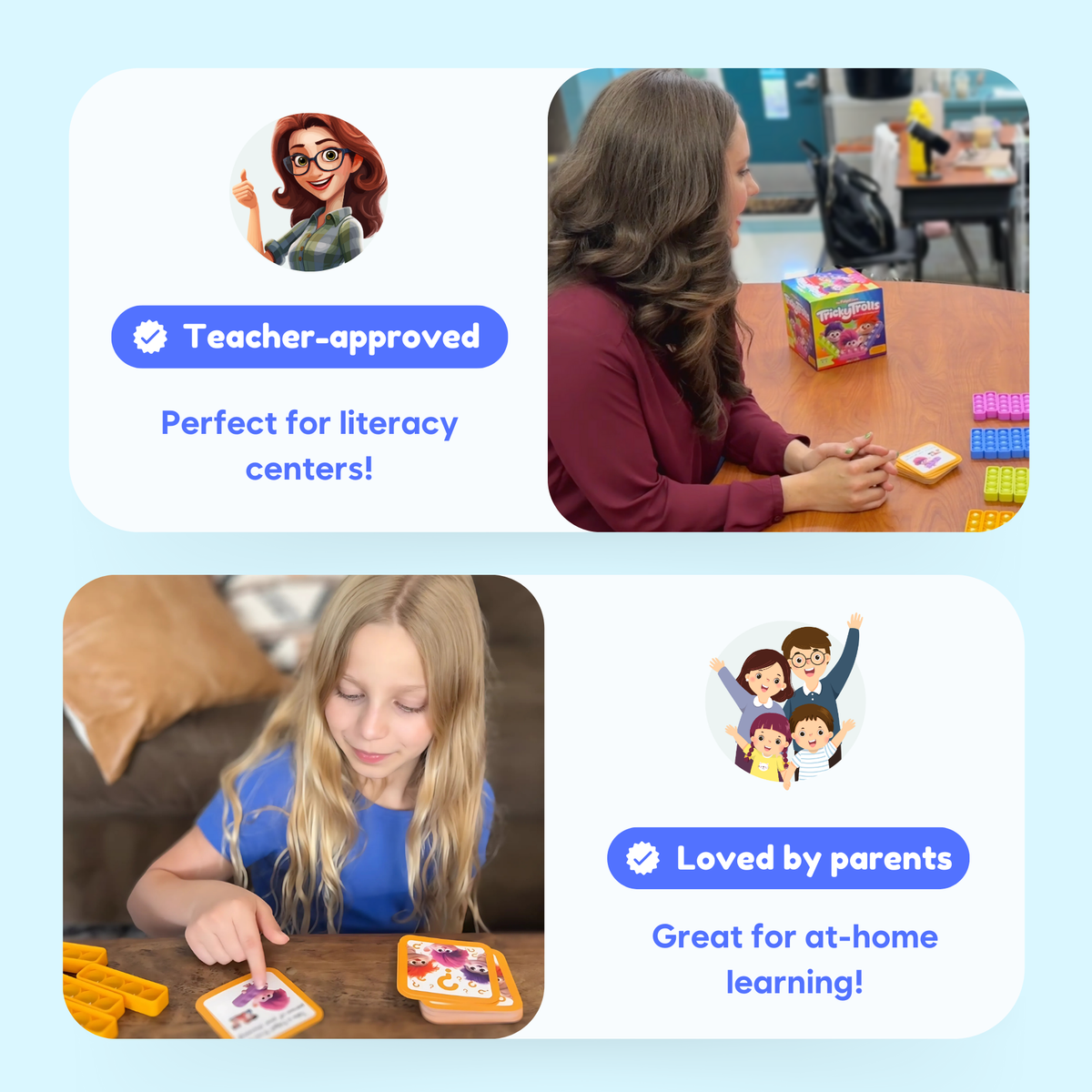 A teacher and child play the Tricky Trolls Blends Reading Game, a literacy card game for consonant blends featuring icons that highlight its use in teacher-led centers and at-home learning.