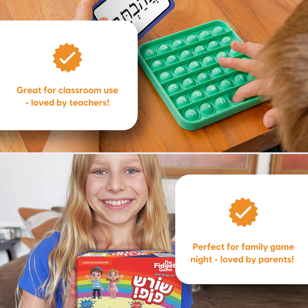 A smiling girl holds a colorful box of Shoresh Pop! Hebrew Roots Reading Game while a hand pushes a button on the game’s green, grid-like sensory board.