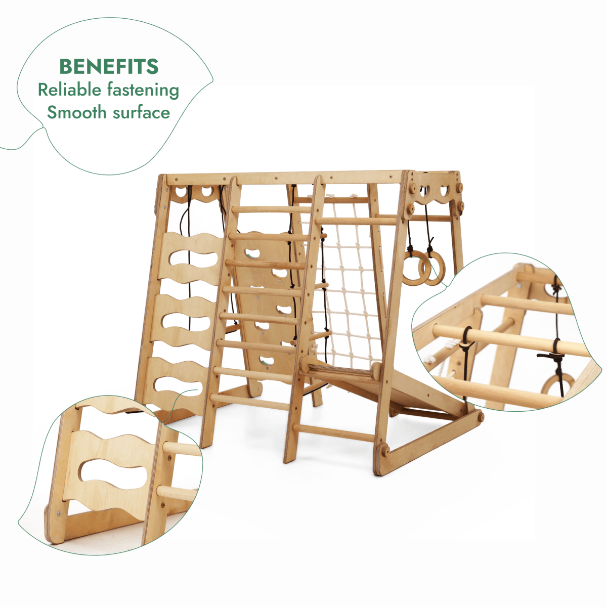 The 6in1 Indoor Jungle Gym for Toddler includes a playground, swings set, slide board, rope, and stairs. With secure fastening and smooth finish, it’s the perfect active indoor playset for kids.