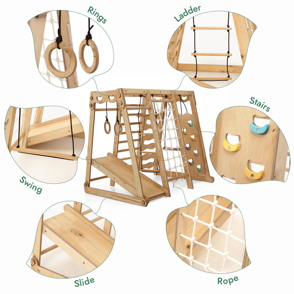 The 6in1 Indoor Jungle Gym for Toddler showcases rings, ladder, stairs, rope, slide, and swing in close-up circles around the main wooden playset, offering a fun and versatile playground for indoor use.