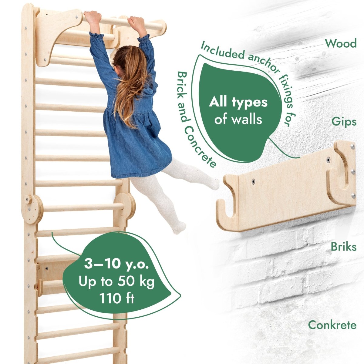 A young girl climbs the 6in1 Wooden Swedish Wall / Climbing Ladder for Children + Swing Set + Slide Board, suitable for ages 3-10 (up to 50 kg/110 lbs), with anchor fixings for wood, brick, concrete, and plaster walls—ideal indoor play equipment.