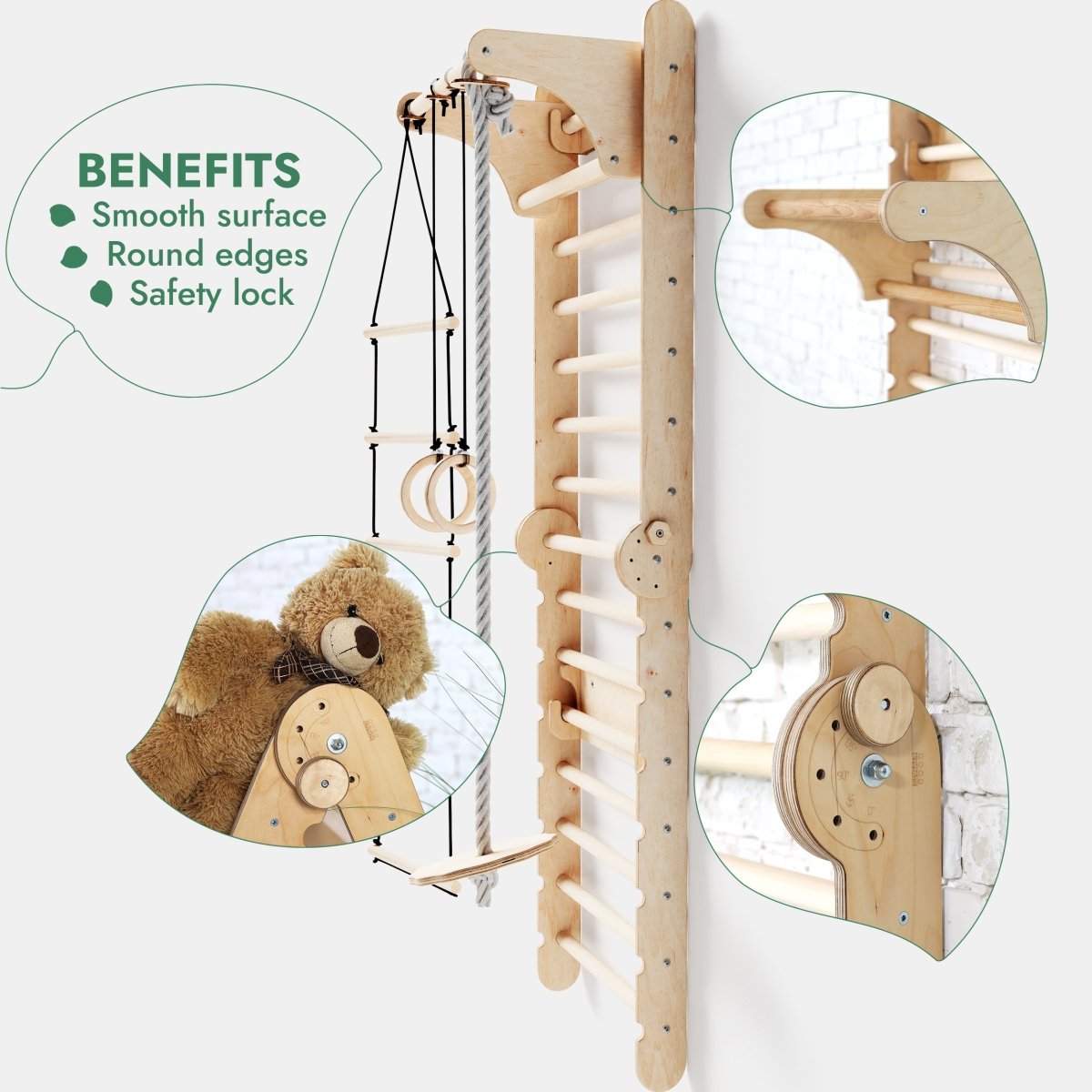The 6in1 Wooden Swedish Wall includes a kids’ indoor climbing ladder, swing set, and slide board. It features smooth surfaces, rounded edges, a safety lock, rope elements, and cute teddy bear decor in the illustrations.