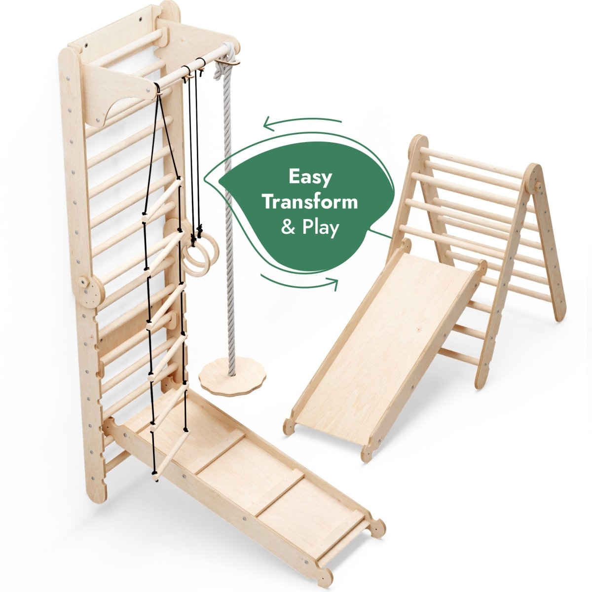 The 6in1 Wooden Swedish Wall includes a climbing ladder, swing set, and slide board. Featuring a green Easy Transform & Play label, this Montessori indoor gym set offers versatile physical activity for children.