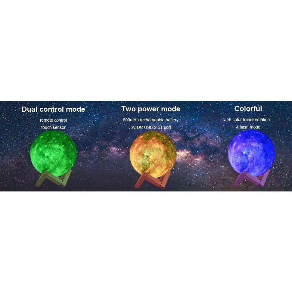 Against a starry backdrop, three spheres on stands evoke celestial bodies: the 3D green dual-mode moon lamp, the yellow two-mode sphere in the middle, and the blue galaxy lamp on the right with 16 color options.