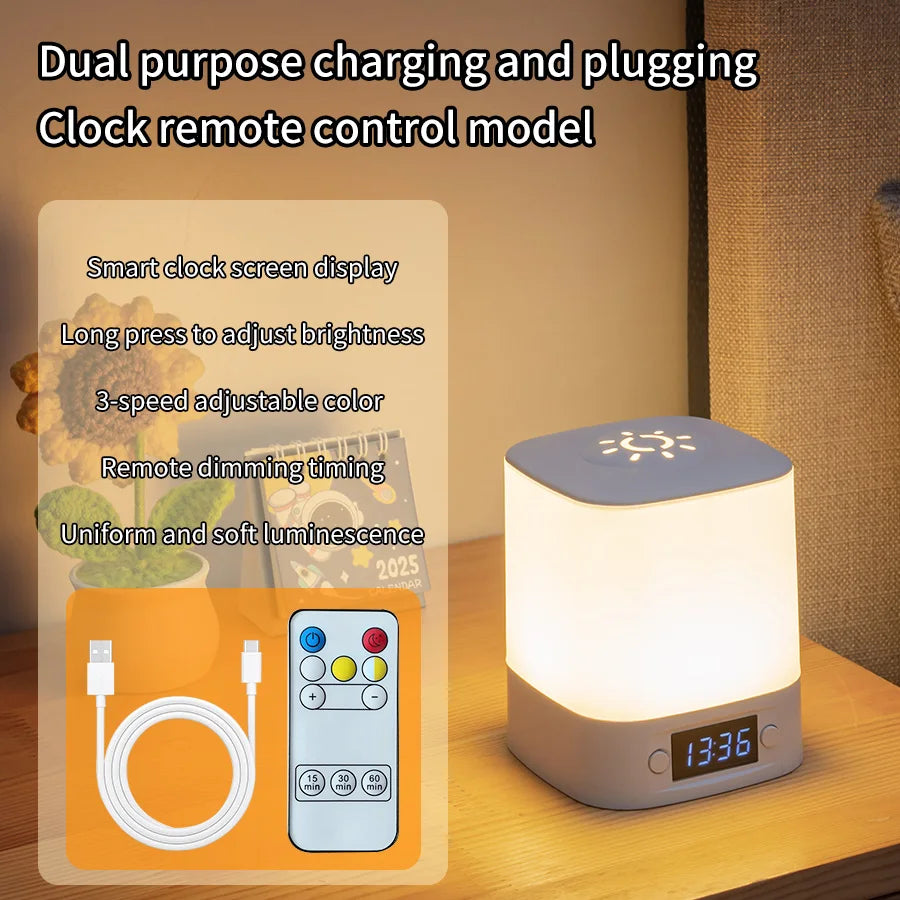 Remote Control Night Lamp Rechargeable Table Lamp Clock Display Soft Sleeping Lamp Touch Switch Bedside Lamp for Bedroom