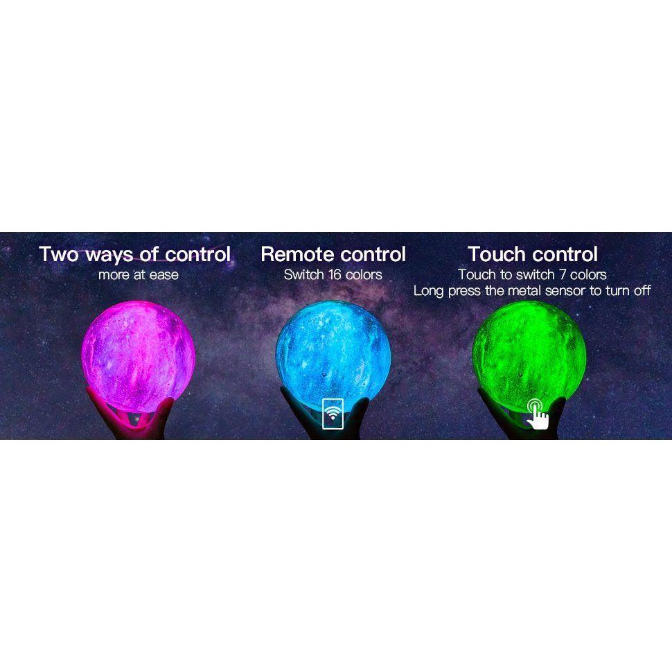 A collage with three LED bulbs grabs attention: The purple one shows Two ways of control, the blue bulb offers a galaxy feel with 16 colors via remote, and the green, like the Celestial 3D Moon Lamp, displays Touch control: Touch to switch 7 colors.