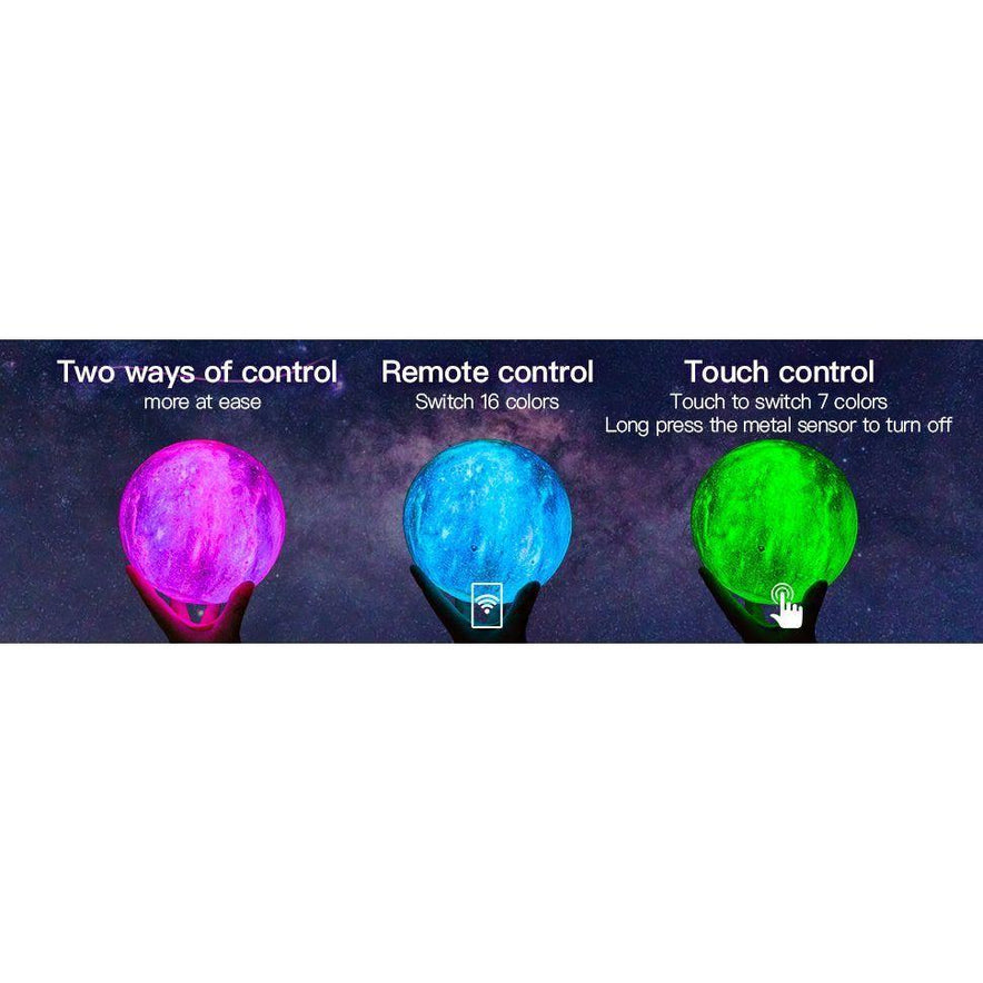A collage with three LED bulbs grabs attention: The purple one shows Two ways of control, the blue bulb offers a galaxy feel with 16 colors via remote, and the green, like the Celestial 3D Moon Lamp, displays Touch control: Touch to switch 7 colors.