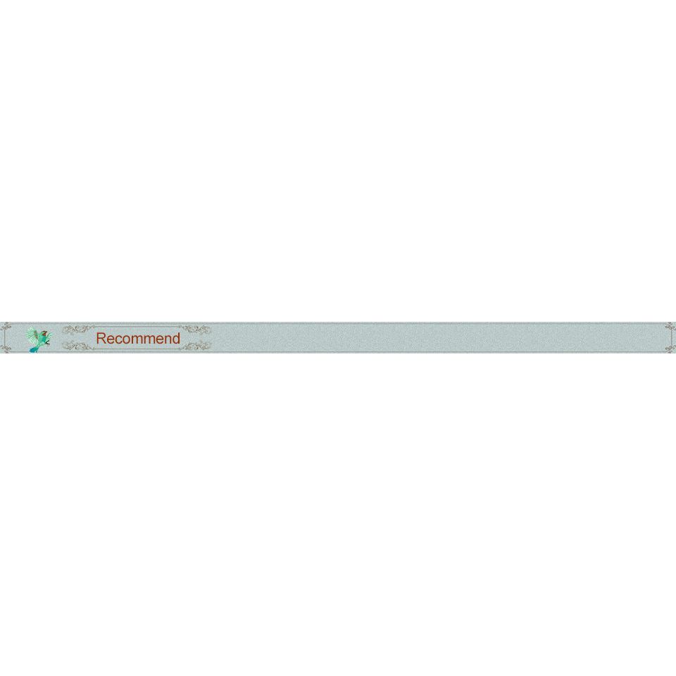 A strip in light blue-grey, adorned with floral patterns at each end, displays the word Recommend in red on the left, evoking the serene glow of a Crystal Salt Lamp with USB Aroma Purifier & LED Multicolor Night Light.