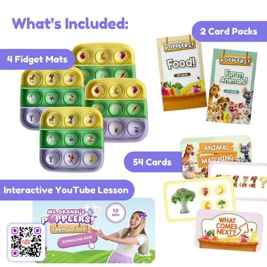 The Popplers Farm & Food Toddler Fidget Game includes four colorful silicone fidget mats with animal and food icons, two packs of farm animal cards, and a promotional card for an interactive online lesson with a QR code.