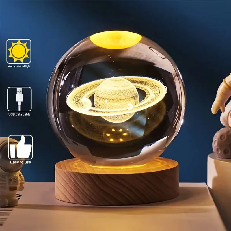 Luminous Crystal Ball LED Night Light Saturn Solar System 3D Moon Table Lamp USB Bedroom Atmosphere Lamp for Birthday Kid Gift
