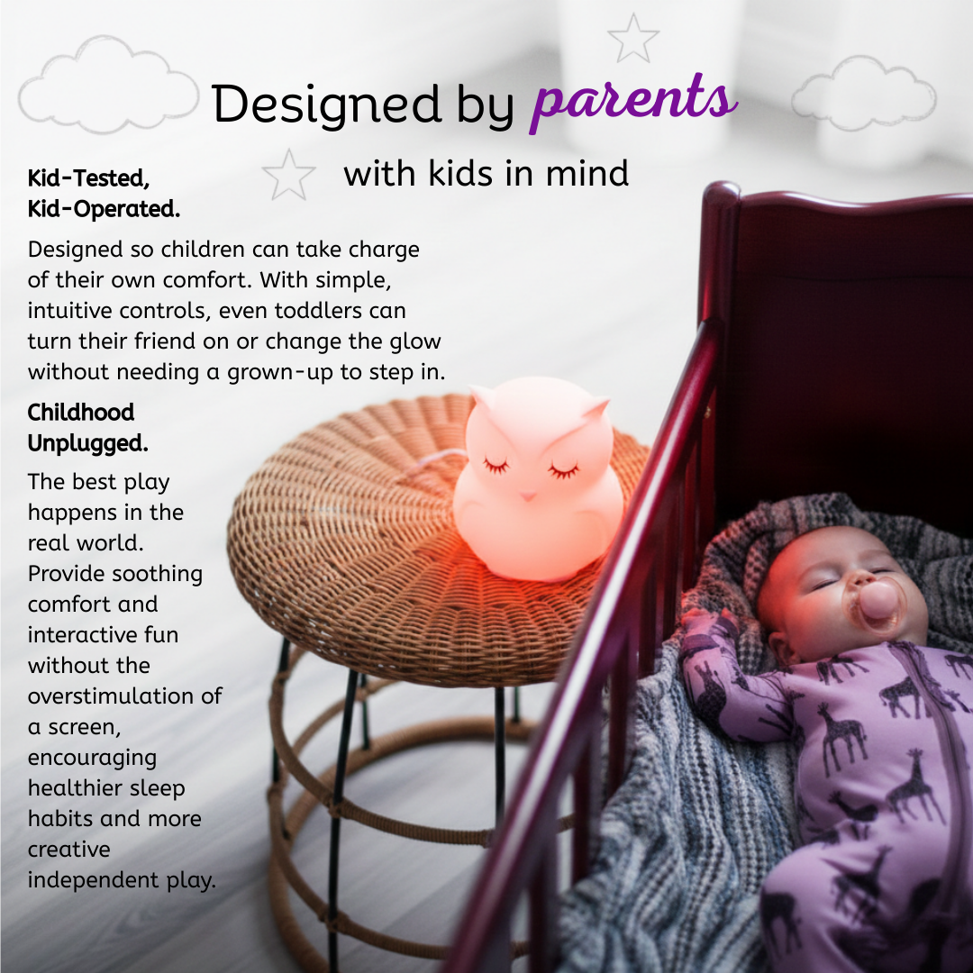 An Opal the Owl Silicone Night Light glows with a warm orange hue on a small round wicker table next to a baby sleeping in a crib, helping to create a calming bedtime routine.