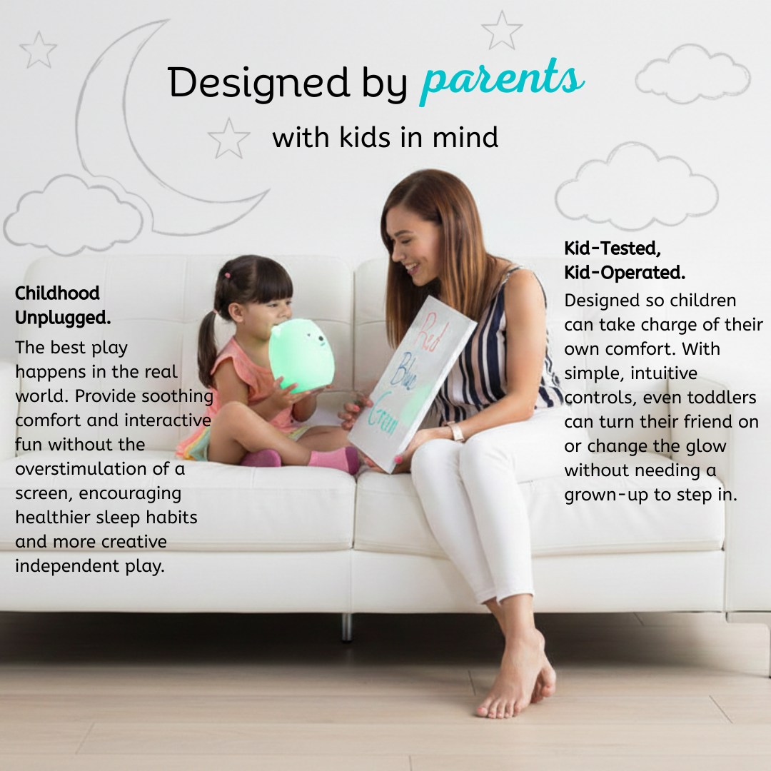 A woman and a young child sit on a white sofa reading, with the child holding a glowing Honey the Hippo Silicone Night Light; the image includes text noting it is designed by parents and is kid-tested and kid-operated.