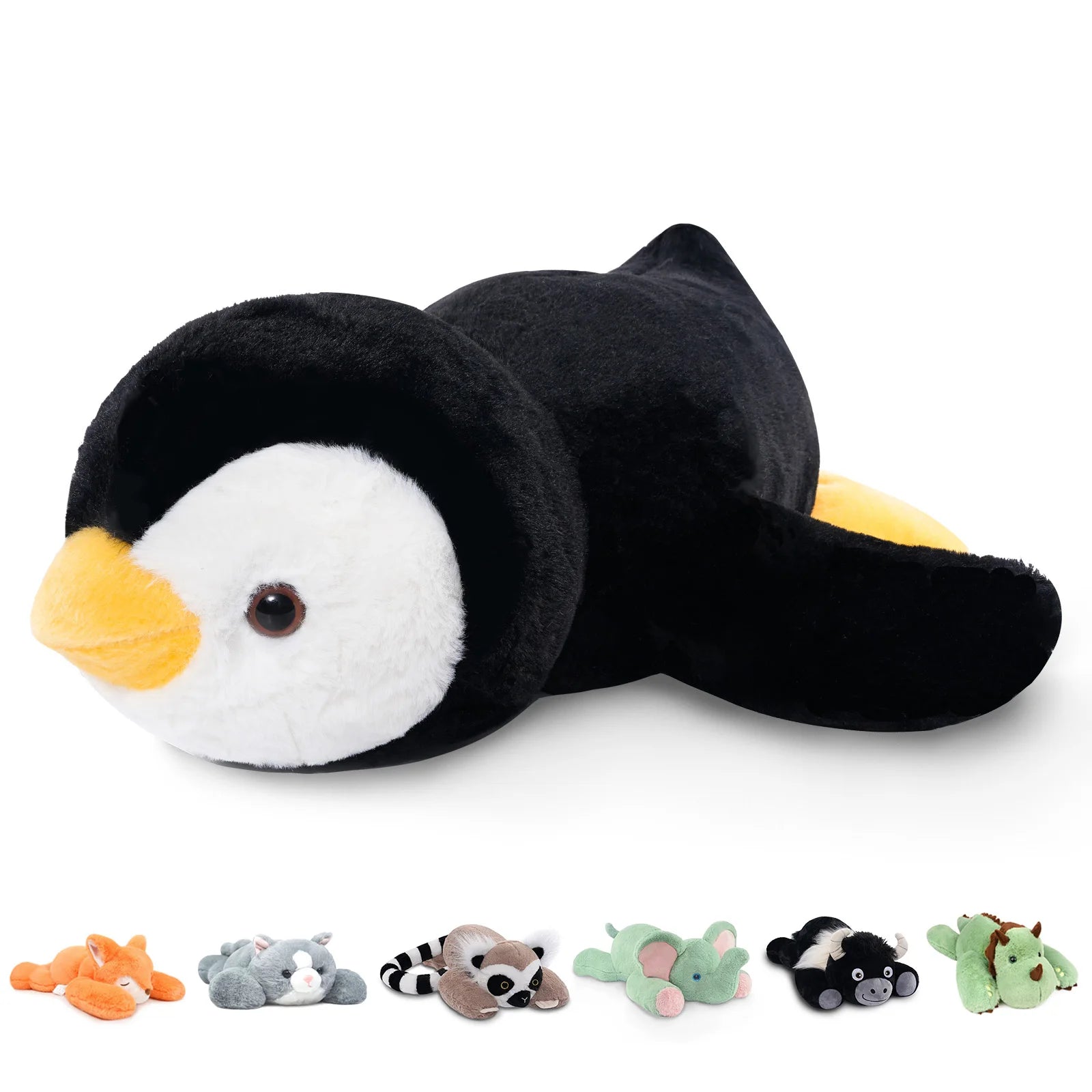 The Niuniu Daddy 20 Weighted Stuffed Animal in penguin color lays on its belly like a cozy plush pillow, with six smaller plush toys below: orange fox, gray cat, raccoon, green frog, gray mouse, and bear.