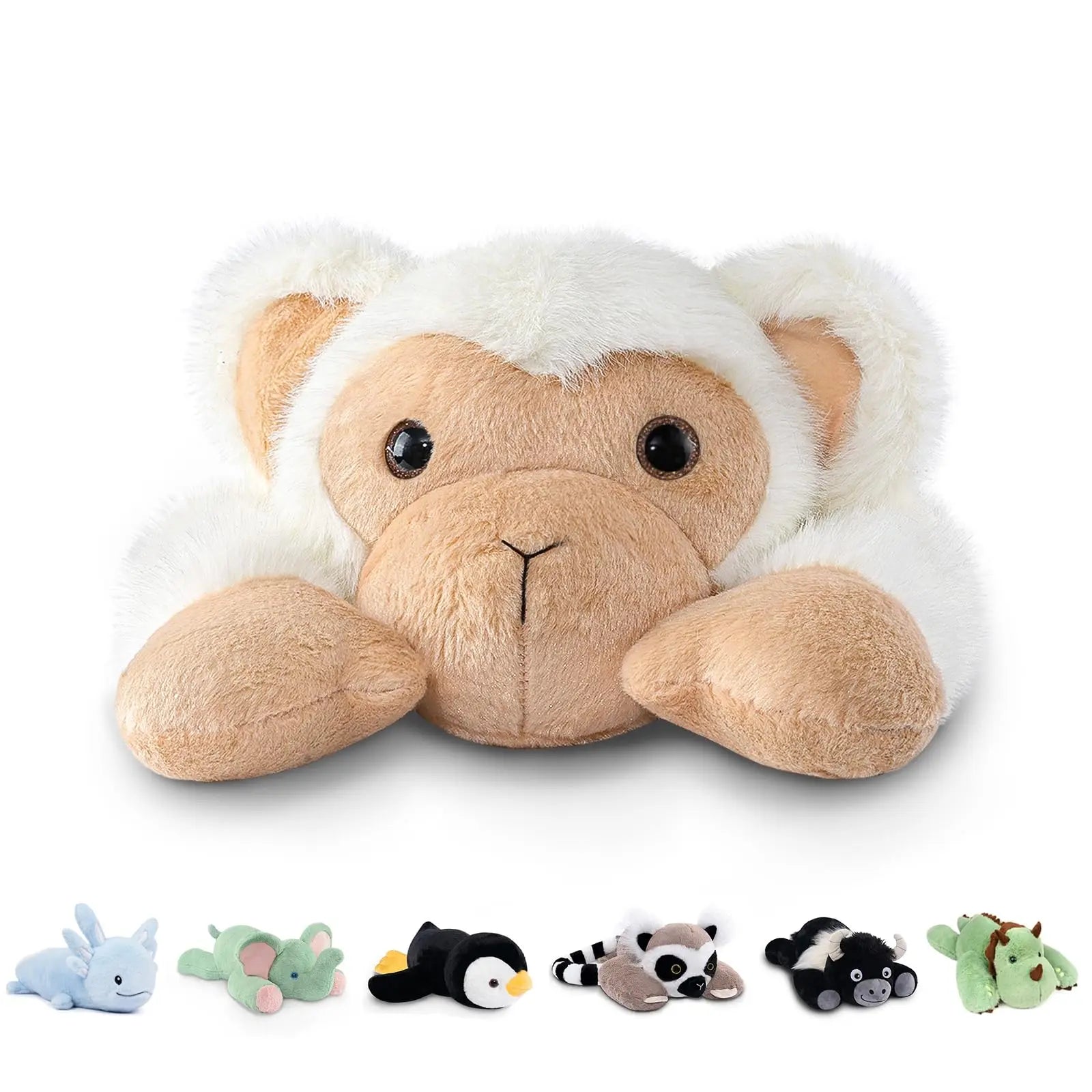 The Niuniu Daddy 20 monkey weighted stuffed animal plush pillow with soft beige and white fur lies cozy, with six smaller plush animals below: blue bunny, green frog, black and white penguin, raccoon, black dog, and green turtle.