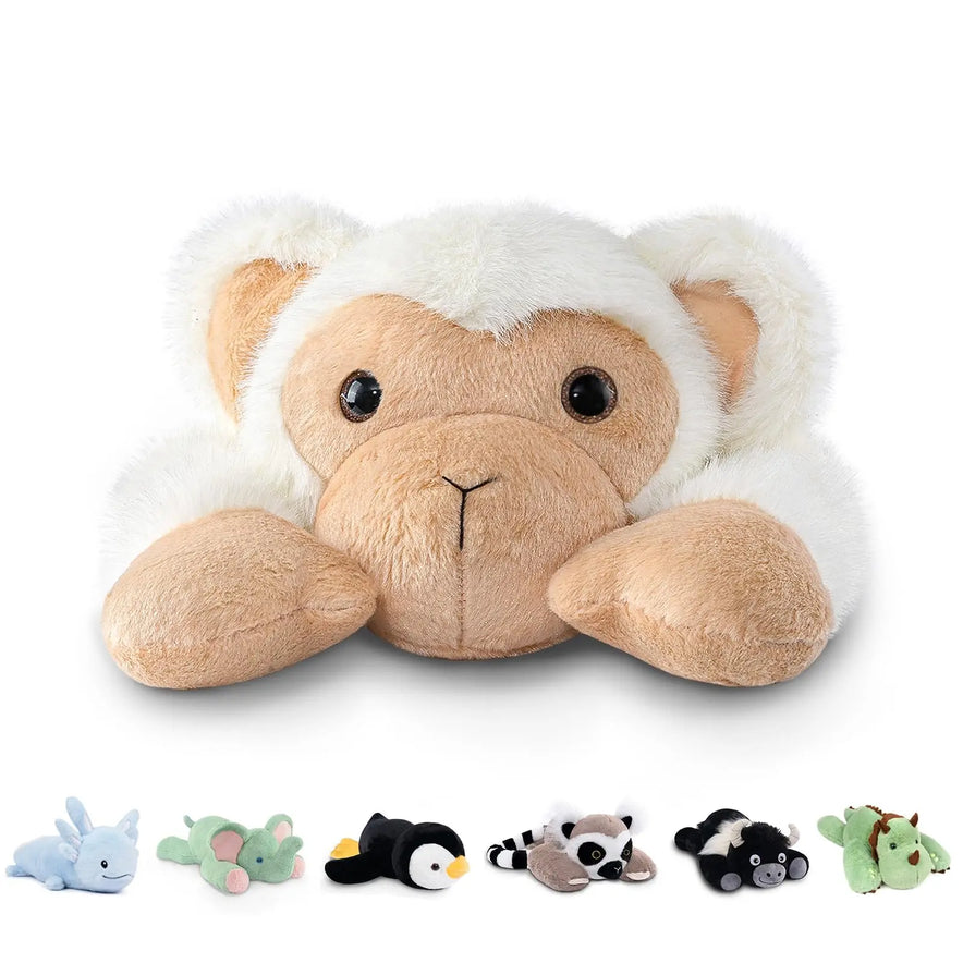The Niuniu Daddy 20 monkey weighted stuffed animal plush pillow with soft beige and white fur lies cozy, with six smaller plush animals below: blue bunny, green frog, black and white penguin, raccoon, black dog, and green turtle.
