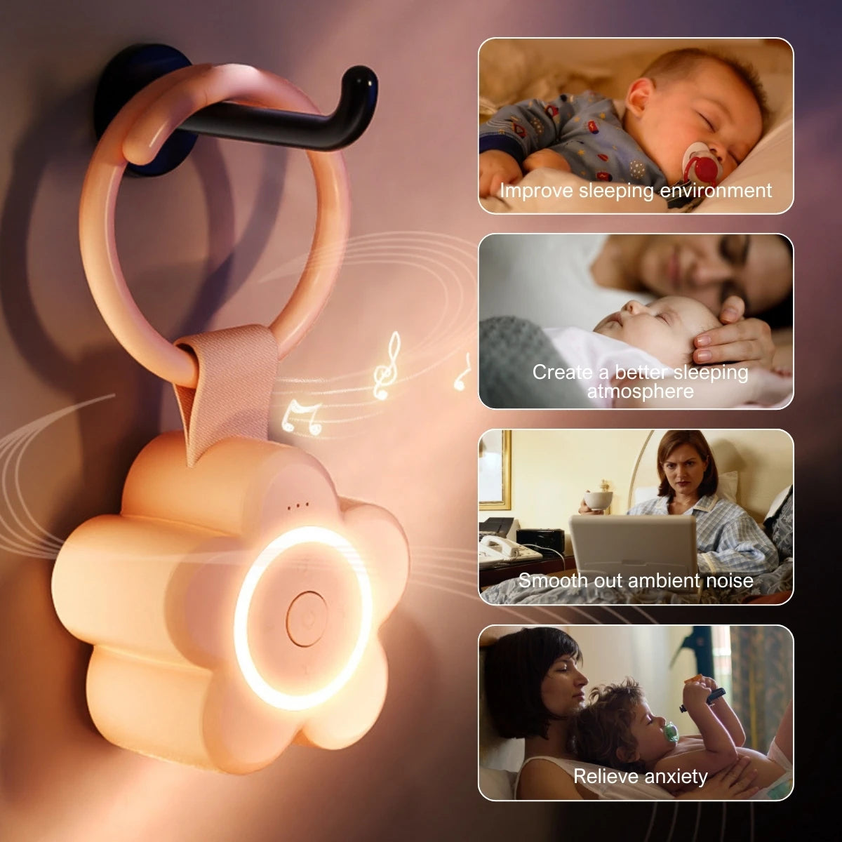 A Portable Newborn Baby Sleeping Gadgets White Noise Device Night Sound Machine for Babies and Adults hangs on a hook, softly glowing. Images show people relaxing with text: Improve sleep, enhance atmosphere, soothe noise, relieve anxiety.